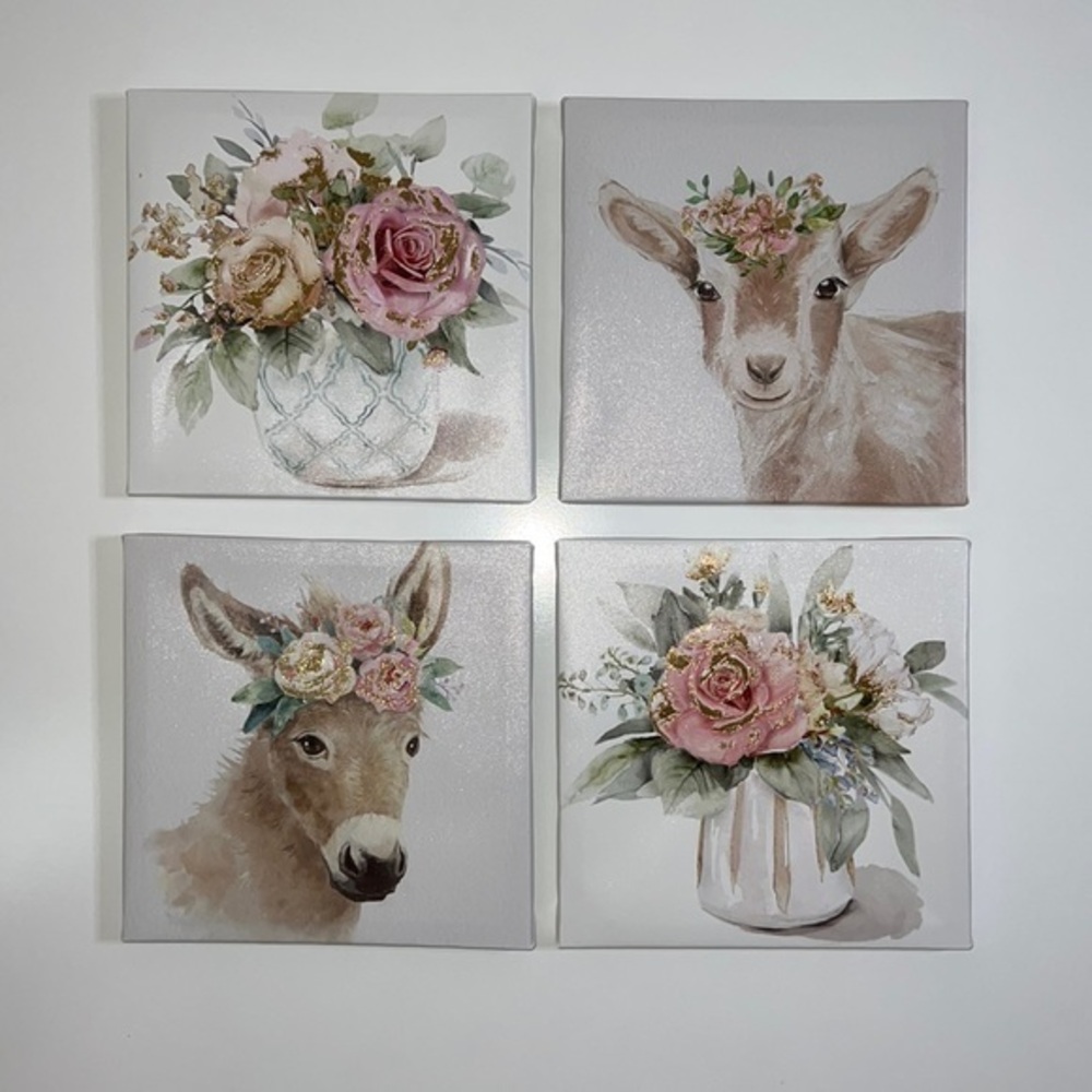 Floral Farm Animal Canvas Wall Art Set - Pink & Cream